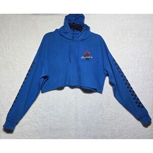 Empyre Y2K Blue Cropped Hoodie Rose Checkerboard Graphic Raw Hem Medium